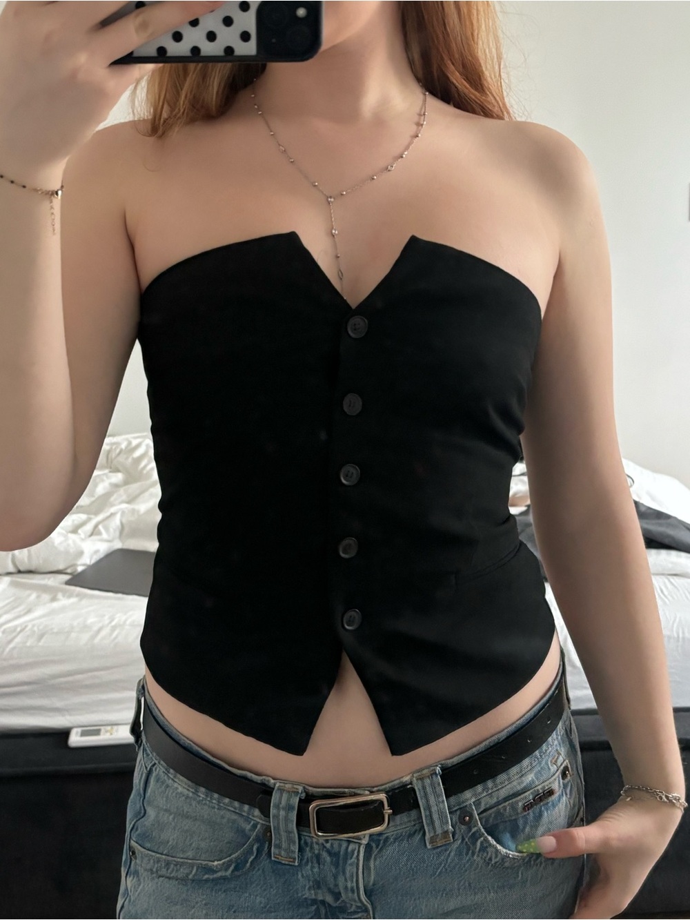 Pull&Bear Black Strapless Button-Front Corset Crop Top